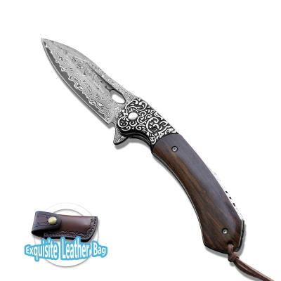 China Non-Changeable Hot new Damascus leather steel Yellow Sandalwood handle gift collection folding knife outdoor knife camping knife leather bag for sale