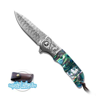 China Non-Changeable EDC Damascus Steel Abalone shell handle High hardness sharp folding knife Outdoor knife Camping knife for sale