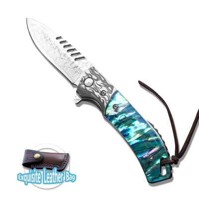 China Non-Changeable Hot Selling Competitive Price Damascus steel abalone shell handle folding knife Outdoor knife Camping knife for sale