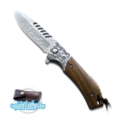 China Non-Changeable Hot Selling Competitive Price Damascus steel Verawood handle folding knife Outdoor knife Camping knife for sale