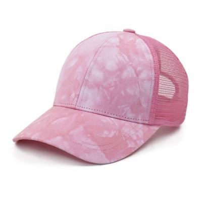 China Women's Summer Baseball Cap COMMON Mesh Hat Tie Dye Ponytail Trucker Hats Custom Trucker Ponytail Cap Back for sale