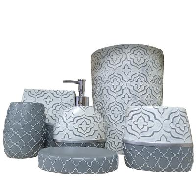 China Vintage Color Block Viable Flower Pattern Bathroom Set of 6 Piece Resin Bath Accessories for sale