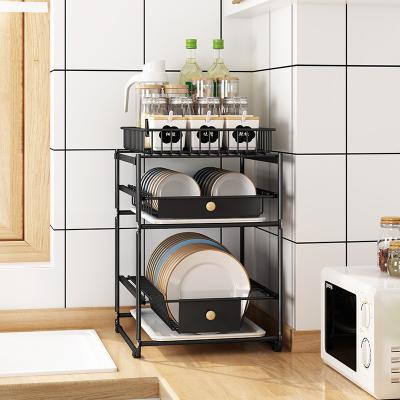 China Fun 3 Tiers Modern Choice Multifunctional Kitchen Organizer Shelf Removable Storage Sink Kitchen Rack Push-Pull Rack for sale