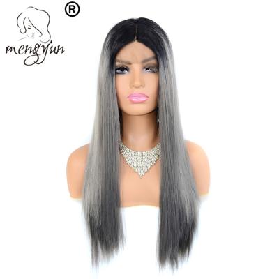 China Black Gradient Lace Front Synthetic Wigs Dark Gray Silky Straight T-Type Long Straight Hair Parting Wig For Black Women African American for sale