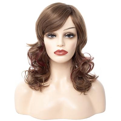 China Wholesale Jerry Curl 60cm Body Wave Short To Medium Synthetic Hair Wigs Heat Resistant Brown Wigs For Women Middle Part for sale