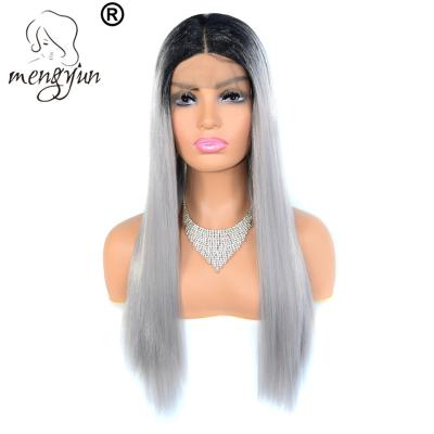 China Silver Gradient Wave Lace Front Synthetic Wigs Silky Straight T-type Long Straight Hair Parting Wig Black Gray For African American Women Of Color for sale