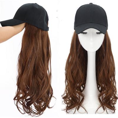 China Mengyun Synthetic Hair Baseball Cap With Synthetic Hair Wig Black Brown Color Long Wavy Hair Extension With Black Baseball Cap Cap for sale