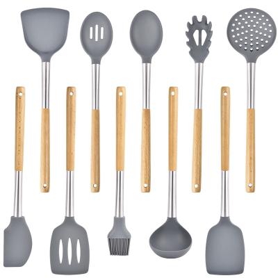 China Sustainable Silicone Kitchen Utensil Set With Wooden Handle High Quality Kitchen Ware For Cooking Non-scratched for sale