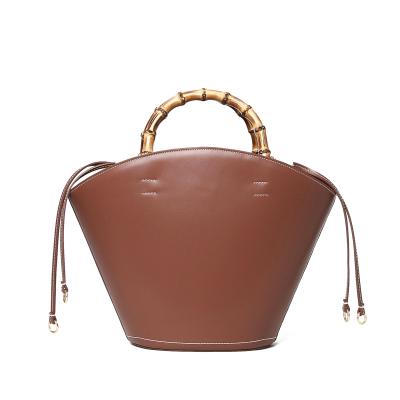 China Literature and Art Leather Large Bucket Bag Retro Feminine Rope Handle Handbag Lady Caramel Color for sale