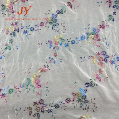 China Memory Customized 100gsm Bronzed Flower Rainbow Color Foil Chiffon Poly Woven Fabric for sale