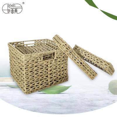 China Sustainable Renel Square Woven Storage Basket With Sperate Cover OEM Size for sale