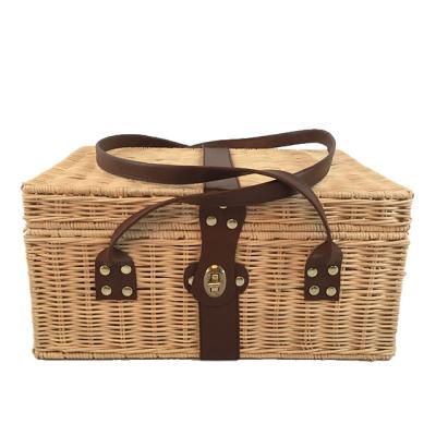 China Renel Sustainable Handmade Woven Natural Rattan Picnic Basket With Leather Handle for sale