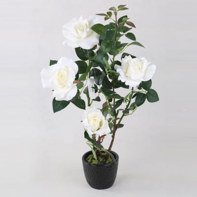 China White Artificial Fabric 4 Rose Flowers Tree Bonsai Flower Heads For Wedding Room Decor for sale