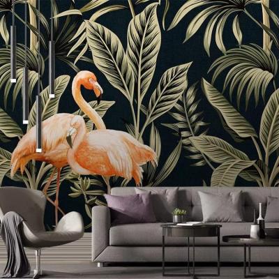 China Flamingo high wall tropical plants HD decorative painting wallpaper medieval background tropical hand drawn for sale