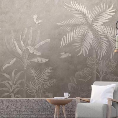 China Tropical Nordic hand-painted forest flamingo TV sofa wallpaper wall decoration painting self-adhesive xuan velvet for sale