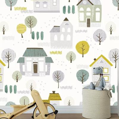 China Large modern hand drawn cartoon treehouse children's bedroom background wall wallpaper for sale