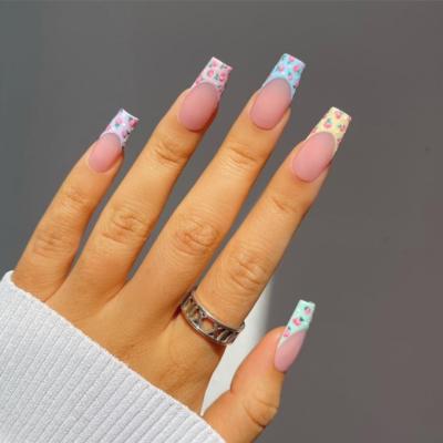 China New Design OEM Peach 3D Long Colorful Fruit Design Coffin Press On False Nails Full Cover INS Artificial Nail Full ABS 24pcs/box for sale