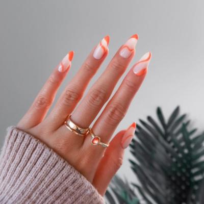 China Design OEM New Orange 3D Waves Design Almond Short Press On False Nails Full Cover INS Artificial Nail Full ABS 24pcs/box for sale