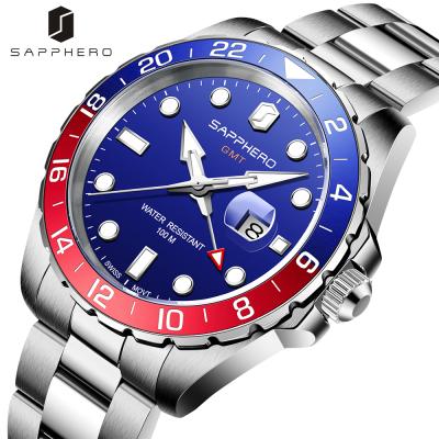 China Hot Sale SAPPHERO Auto Date Drop Shipping High Quality 100M Waterproof Stainless Steel Wristwatch Quartz GMT Watch for sale