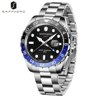 China SAPPHERO Automatic Date Luxury Men's Quartz Watch Stainless Steel Strap GMT Waterproof Wrist Watch 10ATM for sale