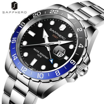 China HOT Sale SAPPHERO Stainless Steel Wrist Watch High Quality Auto Date Drop Shipping GMT Wholesale Men's OEM Quartz Watch for sale