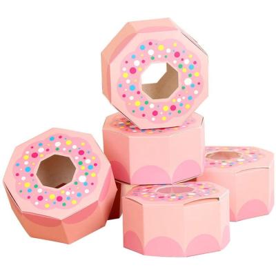 China Recycled Materials Pink Candy Boxes Donut Pattern Gifts Boxes Polygon Treat Gift Boxes With Window For Kids Birthday Christmas for sale