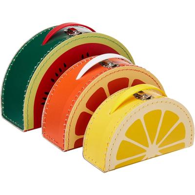 China High Quality Recycled Packaging Materials Kids Gift Fruit Shape Suitcase Handle Giftbox Customized Custom Hat Kids Paper Suitcase for sale