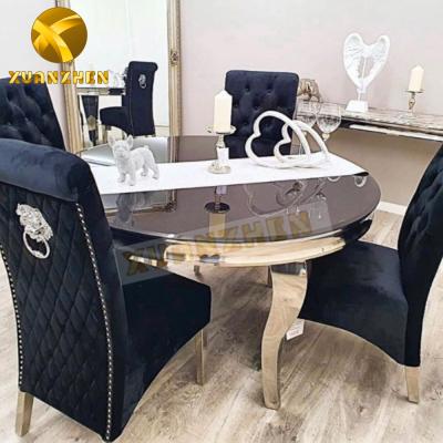 중국 Modern Convertible Stainless Steel Furniture Dining Round Dining Table Set Glass Modern Marble Dining Table DT050 판매용