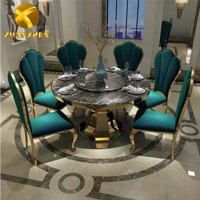 China Convertible Home Furniture Marble Dining Table Set Restaurant Tables And Green Fabric Chairs Metal Dining Tables DT008 for sale