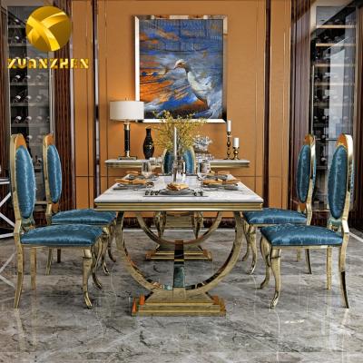 China Modern Convertible Porcelain Furniture Metal Dining Table Set Table Top Marble Dining Tables With Velvet Chairs Made In Foshan DT004 for sale