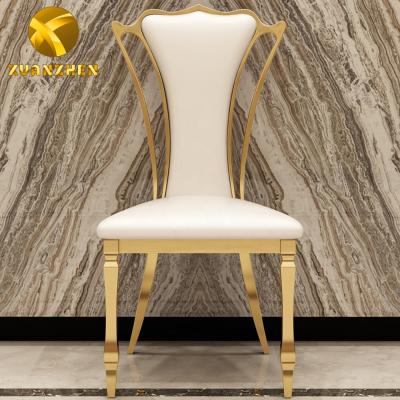 中国 Gold Comfortable Dining Room Furniture Stainless Steel Chair Metal Wedding Dining Chair White Leather Dining Chair For Hotel 販売のため