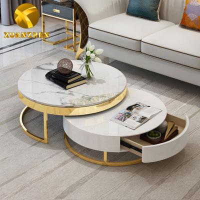 China 2021 new designs expandable metal furniture sets gold luxury coffee tables round white marble coffee table for wholesale TT085 for sale