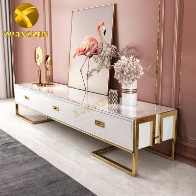 China Modern Living Room Furniture Metal TV Sets Luxury White Wood Cabinets Extendable TV Table Glass Stand With Drawers For Sale for sale