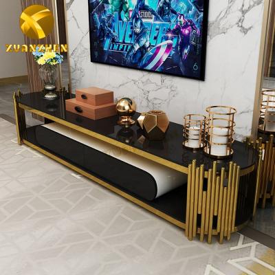 China Luxury Modern Living Room Furniture Sets Stainless Steel TV Home Cabinets Unit Expandable Glass TV Stands With Drawer for sale