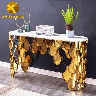 China Modern 201 grade furniture luxury home convertible hallway table high polished color stainless steel gold console table for sale