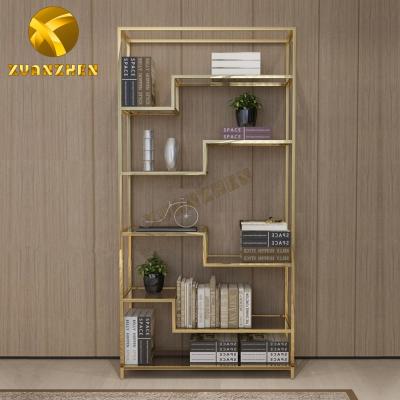 Cina Modern Home High Quality Modern Stainless Steel Bookcase Furniture Decor Cabinet Bookcases Glass Shelf For Sale in vendita