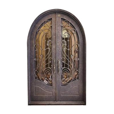 China Exterior Rustic Decorative Steel Arch Door Main Entrance House Glass Doors Wrought Iron Windproof For Apartment for sale