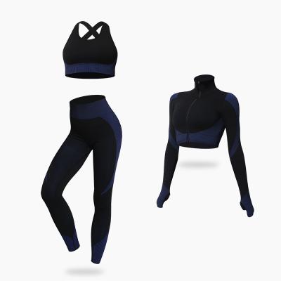 China Fall And Winter Yoga Wear Antibacterial Seamless Suit New Female Knitted Buttocks Stretch Fitness Sports Three Sets for sale