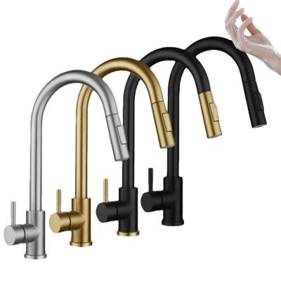 China Modern Gold Sink Kitchen Faucets Water Sense 304 Stainless Steel Black Brushed Color Pull Out Smart Touch Sensor Kitchen Faucet for sale