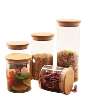 China Sustainable High Borosilicate Airtight Glass Food Kitchen Storage Jars Set With Bamboo Lids for sale