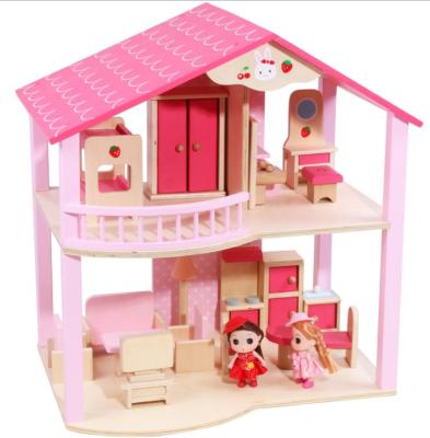 China DIY Practice Big Pink Wooden Doll House Wooden Bedroom For Girls Dollhouse Kit Furniture Toy for sale