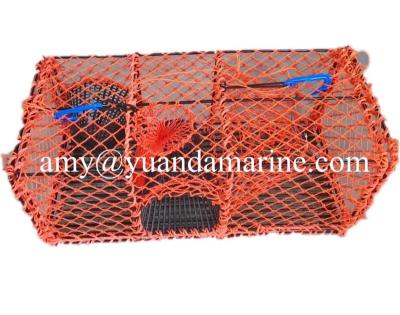 China Lobster aquaculture trap for lobsters and crabs with plastic entrance and whole orange net for sale