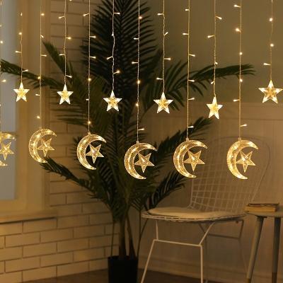 China 138 Moon Star Shape Decoration Icicle Fairy Lights Outdoor Curtain Led Electric Fairy Lights for sale