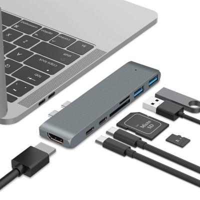 China Charging+Data Transfer+Video Output Aluminum Alloy 7 in 1 4K@ Thunderbolt 3 USB 3.0 Cardreader SD TF Dual USB C Hub Usb Type 30HZ C Hub HDTV for Macbook for sale