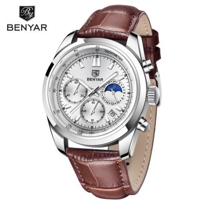 China New Arrival Benyar 5193 Chronograph 24 Hour Multifunctional Moo Phase Chronograph Cow Leather Strap Quartz Men's Watch Stopwatch Date for sale