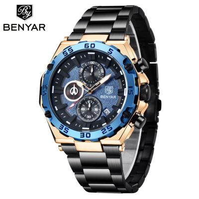 China Benyar 5178 Chronograph Design Men's Leisure Fashion Quartz Watch Stainless Steel Strap Waterproof Multifunction Timing Watch Reloj Hombre for sale