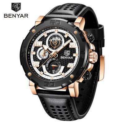 China New Auto Date Benyar 5172 Men's Quartz Watches Business Watch For Sport Top Luxury Chronograph Men's Brand Relogio Waterproof Military Leather for sale