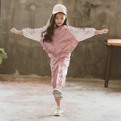 China Autumn breathable casual satin hoodie two-piece suit for girls tracksuit kids sweat suits for sale