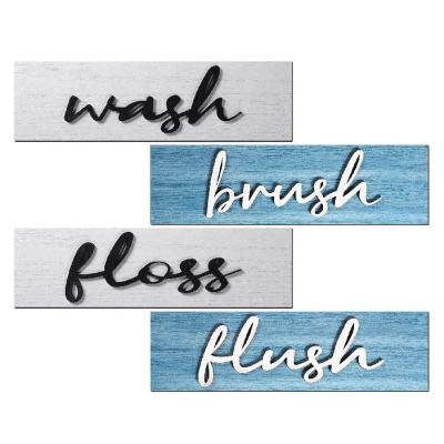 China Rustic Set of 4 Farmhouse Bathroom Wall Decor Wash Brush Floss Wood Signs for sale