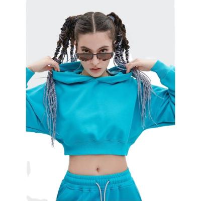 China Anti-wrinkle Women's Blue Hoodie Long Sleeve Gym Hooded Women's Pullover Sweatshirt Cotton Crop Tops Sports Workout Hoodies for sale